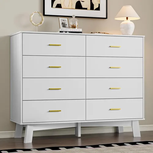 Vista 19 de BORNOON Cómoda para dormitorio con 7 cajones, cómoda moderna de 47.2 pulgadas de ancho con manijas de metal, base en forma de X y pata central