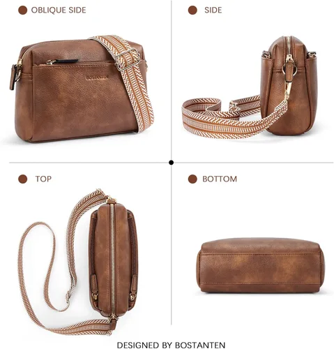 Vista 7 de BOSTANTEN Bolso cruzado pequeño para mujer, con triple cremallera, de cuero, con correa de hombro