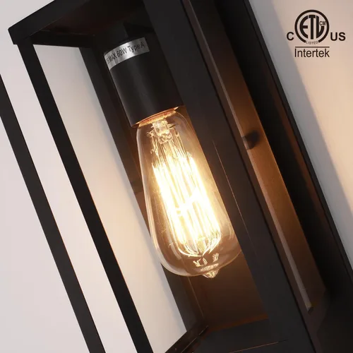 Vista 5 de mirrea Aplique de pared clásico para exteriores de 14 pulgadas, 1 luz en negro mate, marco de metal rectangular y pantalla de vidrio transparente