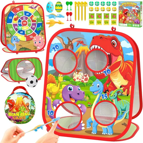 Juego de Lanzamiento de Bolsas de Frijoles de Dinosaurio para Niños, Tablero de Cornhole 6-1, Juguetes al Aire Libre para Niños Pequeños,