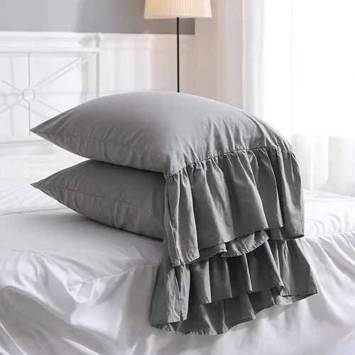Vista 18 de Fundas de almohada grises con volantes largos de cortinas, fundas de almohada grises de algodón puro, tamaño estándar 20"X26", paquete de 2