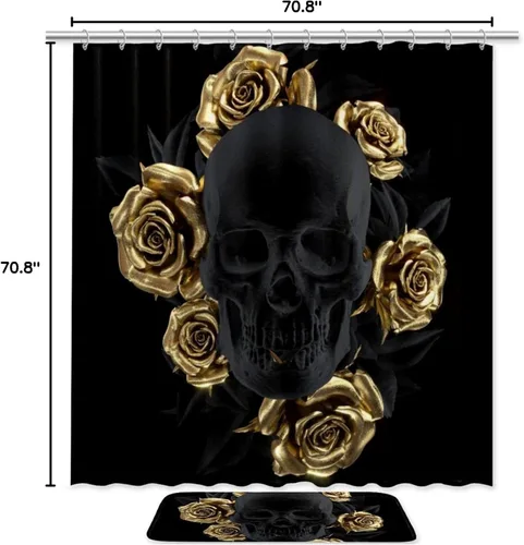 Vista 8 de KXO Black Skull with Gold Rose, Waterproof Shower Curtain and Mat Set Polyester Bathroom Curtain and Rug Set with Hooks 70.8"x70.8