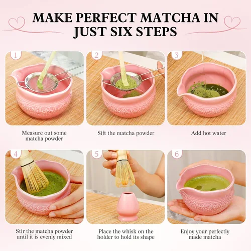 Vista 6 de Juego de matcha rosa, 8 piezas completo de cerámica matcha con cuenco, batidor y soporte de bambú, tamiz inoxidable, toalla de té, cuchara y cuchara