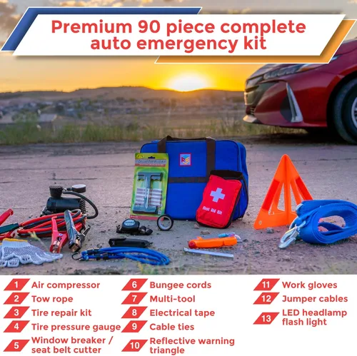 Vista 2 de Kit de emergencia para automóvil con compresor de aire, cables de puente, primeros auxilios, correa de remolque, medidor de neumáticos, faro