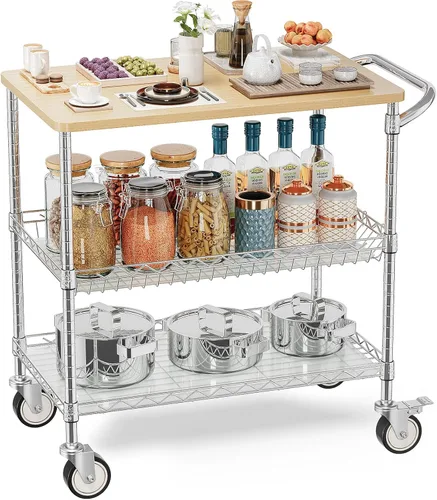 Vista 8 de Leteuke Carritos de cocina rodantes con ruedas, 34" L x 17.5" A, carrito utilitario resistente de 3 niveles con tablero de madera, carrito