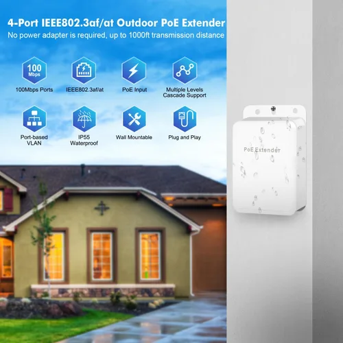 Vista 2 de MokerLink Extensor PoE de 4 puertos para exteriores, IEEE 802.3 af/at PoE repetidor, 10/100 Mbps, 1 PoE en 3 salidas PoE, interruptor de paso POE