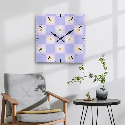 Vista 4 de Retro Checkered Purple Flower Battery Operated Clock Wall Clocks Battery Operated Wall Clock Decor Set Clocks Reloj De Pared for Kitchen Bathroom