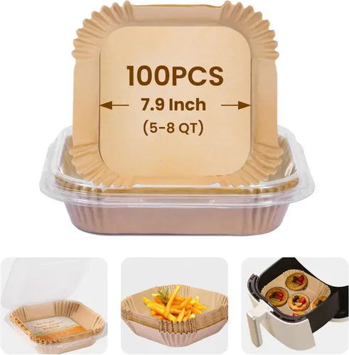 Revestimientos de papel para freidora de aire: 100 piezas de forros desechables para freidora de aire, papel pergamino cuadrado antiadherente de 8