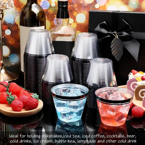 Vista 5 de Skylety 100 vasos de vino de plástico de 9 onzas con borde de graduación, vasos desechables para bebidas de boda, copas de cóctel para actividades
