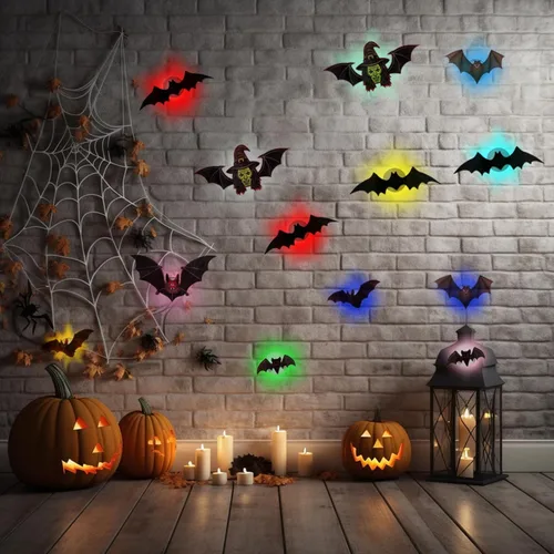 Vista 3 de Decoración de Halloween con luz LED de murciélagos, decoración de pared 3D, decoración de Halloween, murciélagos, calcomanías de murciélago