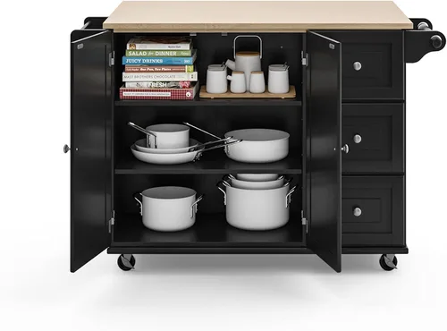 Vista 10 de Homestyles Dolly Madison Carrito de Isla de Cocina Móvil Negro con Barra de Desayuno de Hoja Plegable de Madera