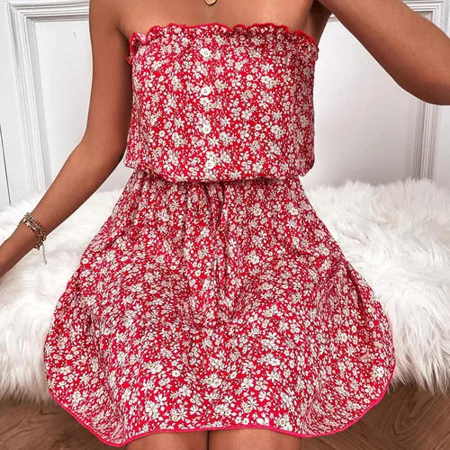 Vista 3 de Vestido vintage de línea A con estampado floral y hombros descubiertos para mujer