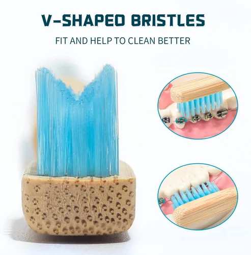 Vista 4 de Y-Kelin Cepillo de dientes ortodóntico en forma de V de bambú, 3 piezas, rosa