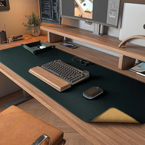 Vista 18 de DAWNTREES - Tapete de escritorio a doble cara, almohadilla de escritorio de cuero, negro 35.5"x17", protector de escritorio de corcho