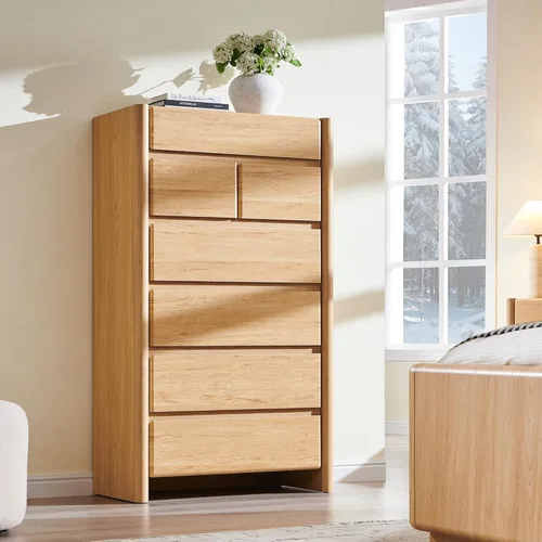 Vista 6 de Cómoda moderna con 7 cajones para dormitorio, cómoda grande de 54.7 pulgadas de alto con esquina redondeada, cómoda organizadora de madera sin asas