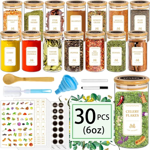 Vista 7 de BGraceyy Tarros de especias con etiquetas, 35 tarros de especias de vidrio de 4 onzas con tapas de bambú, recipientes herméticos apilables