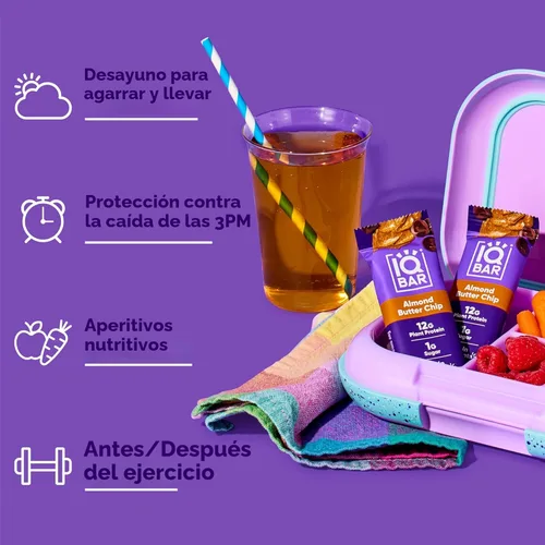 Vista 5 de IQBAR - Barras de proteínas para el cerebro y el cuerpo a base de plantas - Chips de mantequilla de almendra - 12 unidades - Keto, veganas, bajas