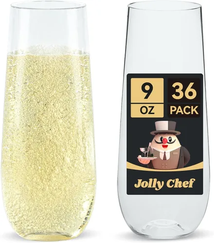 JOLLY CHEF Paquete de 36 copas de champán de plástico sin tallo de 9 onzas, copas de champán de plástico transparentes sin tallo, cristalinas,