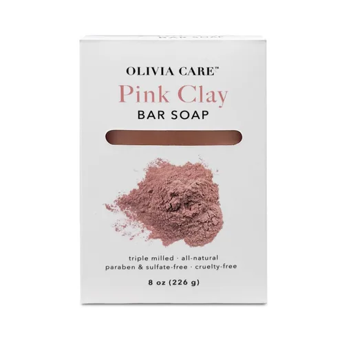 Olivia Care Jabón en barra de arcilla rosa 100% natural, vegano y orgánico – para rostro y cuerpo – Desintoxica, exfolia, hidrata, hidrata y
