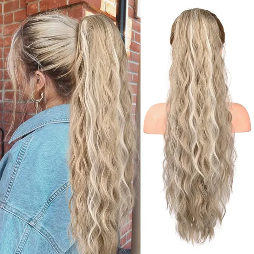 Vista 24 de FLUFYMOOZ Extensión de cola de caballo de 22 pulgadas, extensiones de cabello sintético ondulado largo y rizado para mujer