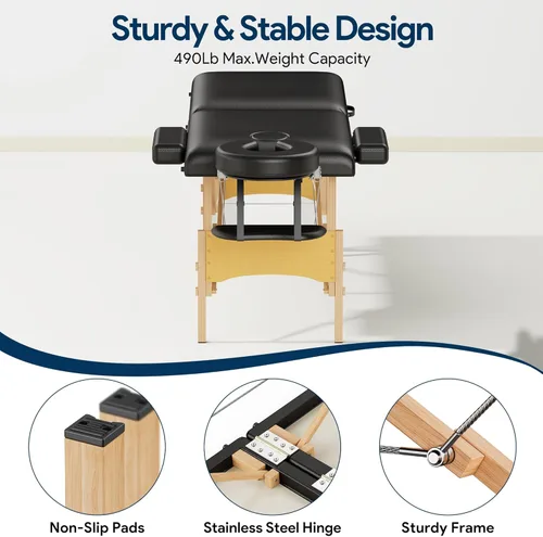 Vista 4 de Brelley Mesa de masaje portátil de madera para pestañas, 24 pulgadas de ancho, altura ajustable, mesa de spa de 2 pliegues, cama plegable