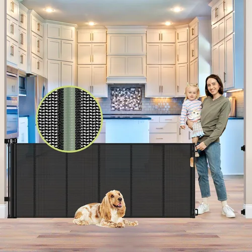 Vista 14 de Puertas de bebé retráctiles reforzadas de 55" de ancho con tiras reforzadas, puerta retráctil para perros interior/exterior para puerta, evita