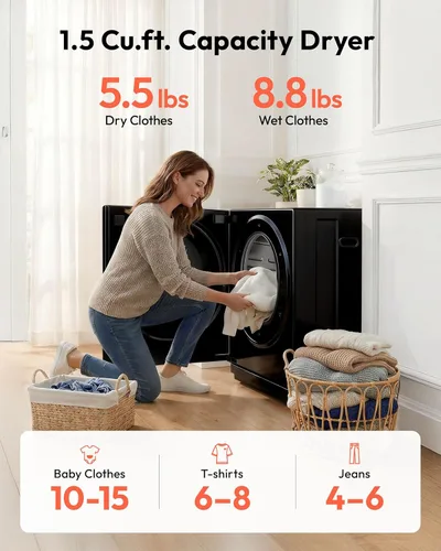 Vista 4 de EUHOMY Secadora portátil de 1.5 pies cúbicos con 4 programas de secado, capacidad de ropa de 5.5 libras, acabado de espejo y panel LCD, secadora