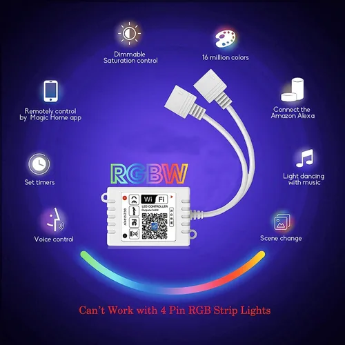 Vista 2 de GIDEALED Controlador LED inteligente WiFi RGBW de 2 salidas, 5 pines con control remoto de 24 teclas, compatible con Alexa y Google Assistant, tira