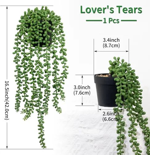 Vista 2 de LOYWREE 3 piezas de plantas falsas de interior, planta artificial de cadena de perlas en macetas negras, plantas colgantes suculentas artificiales
