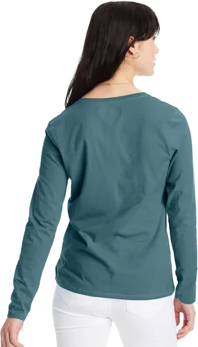 Vista 2 de Hanes - Camiseta de manga larga de algodón con cuello en V para mujer, camiseta ligera con cuello en V, ajuste moderno