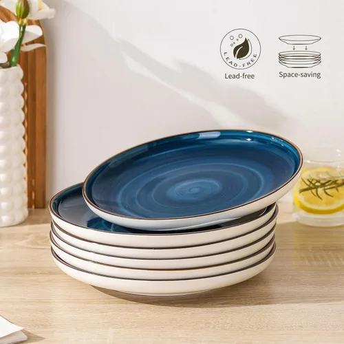 Vista 4 de Juego de 6 platos llanos de cerámica de 10 pulgadas, platos de cocina de cerámica, aptos para microondas y lavavajillas, azul marino