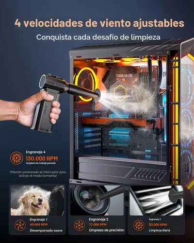 Vista 4 de Plumero de Aire Comprimido, 130,000RPM Plumero Eléctrico Inalámbrico Ultrapoderoso con Batería Recargable de 8000mAh, Soplador de Aire Ajustable