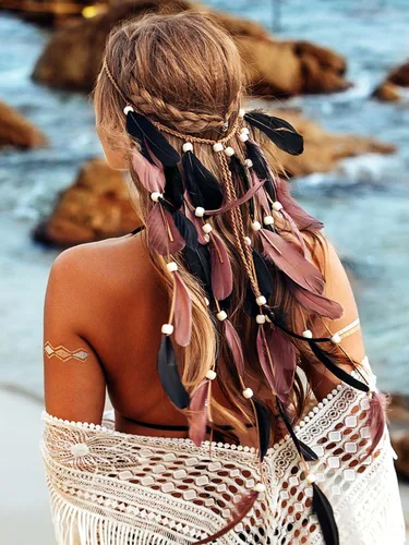 Vista 6 de CAKURE Diadema de plumas bohemias, diadema gitana, diadema hippie india, accesorios para el cabello para mujer
