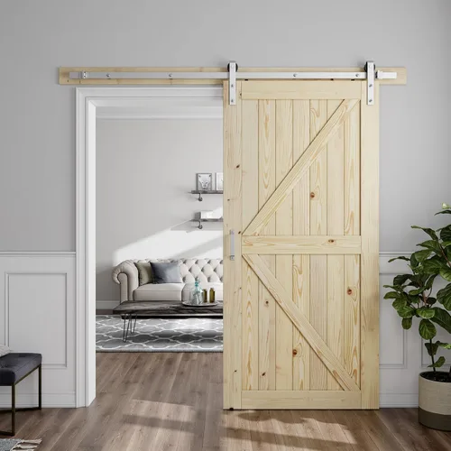 Vista 11 de SMARTSTANDARD Puerta corrediza de granero de 24 x 84 pulgadas con kit de herrajes y mango de níquel cepillado de 5 pies, se requiere un montaje