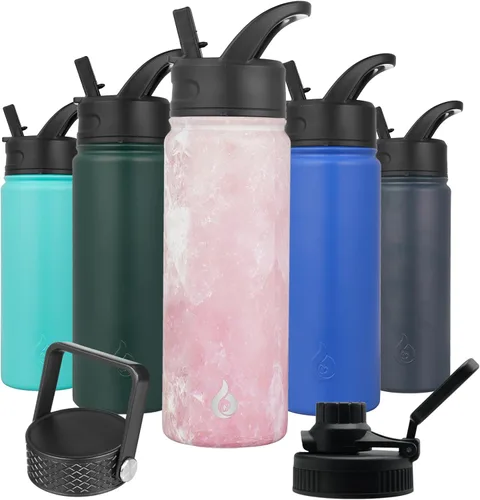 Vista 16 de BJPKPK - Botellas de agua aisladas con tapa de popote, botella de agua de acero inoxidable de 27 onzas con 3 tapas, termo de metal sin BPA a prueba