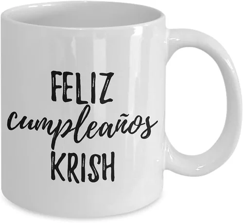 Vista 2 de Feliz Cumpleanos Krish Mug Spanish Happy Birthday Personalized Name Gift Coffee Tea Cup 11 oz