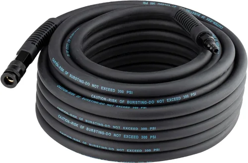SANFU Manguera de aire híbrida de 3/8 pulgadas de diámetro interior x 50 pies, 300 PSI duradera, ligera, con acoplador y enchufe universal de Negro