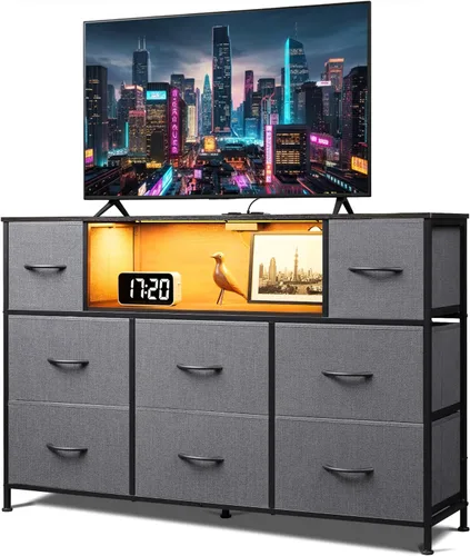 Vista 17 de Soporte de TV blanco para TV de 60, 65, 70 pulgadas, centro de entretenimiento con 8 cajones, mesa consola multimedia con parte superior de madera