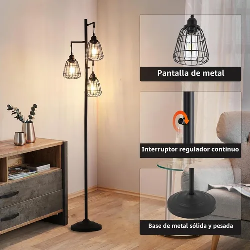 Vista 4 de 9MMML Lámpara de pie dorada regulable, lámpara de pie alta industrial dorada para sala de estar, dormitorio, oficina, pantalla de 3 jaulas de Dorado
