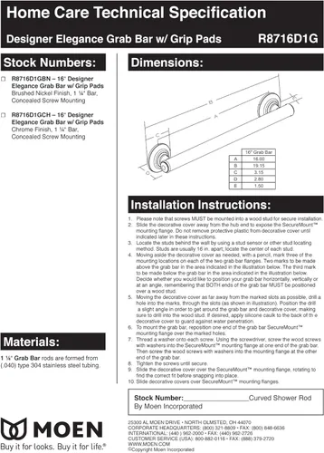 Vista 6 de Moen R8716D1GCH Barra de seguridad para baño de 16 pulgadas con almohadilla de agarre cómoda, cromada