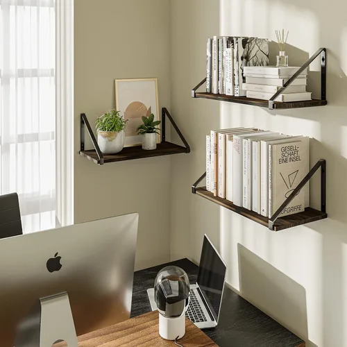 Vista 2 de BAMEOS Estantes flotantes de madera rústica, estantería pequeña para sala de estar, oficina, dormitorio, con soporte de metal