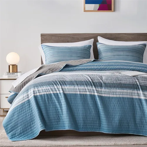 Vista 9 de KAKIJUMN - Juego de ropa de cama para cama full/queen, juego de edredón de patchwork a rayas en negro, blanco y gris, juego de 2 piezas de colcha