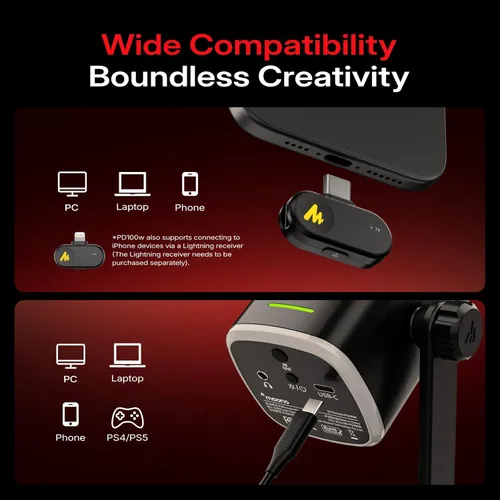 Vista 3 de MAONO PD100WS - Micrófono inalámbrico para juegos para PC, micrófono USB de transmisión dinámica con cancelación de ruido de 3 niveles, RGB, botón