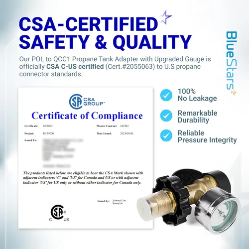 Vista 2 de BlueStars [100% latón sólido] Adaptador de tanque de propano de 100 libras, medidor de propano POL para tanque de propano de 100 libras, convierte