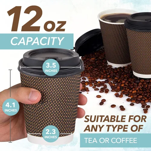 Vista 3 de Promora Tazas de café desechables marrones con tapas de 16 onzas, tazas de papel onduladas de papel aislado premium para café caliente