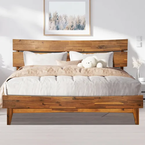 Vista 13 de Acacia Aurora - Marco de cama con cabecero, cama de plataforma de madera 100% maciza, estilo de cama escandinavo con todos los colchones Caramelo