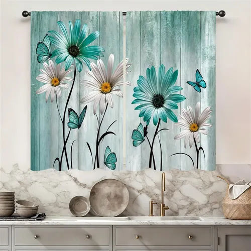 Vista 2 de Cortinas de cocina con estampado floral verde azulado de 27.5 pulgadas de ancho x 39 pulgadas de largo, 2 paneles con bolsillo para barra, rústicas