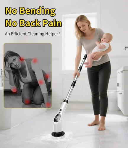 Vista 3 de Limpiador eléctrico giratorio, cepillo de limpieza inalámbrico, limpiador de ducha con 9 cepillos de fregar, 3 velocidades, mango de extensión