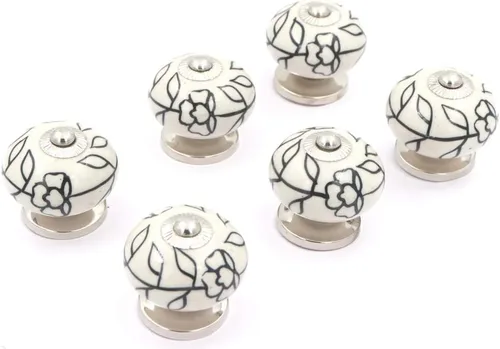 Vista 2 de THDC Perilla de gabinete vintage pintada a mano (juego de 6) - Flor de línea negra