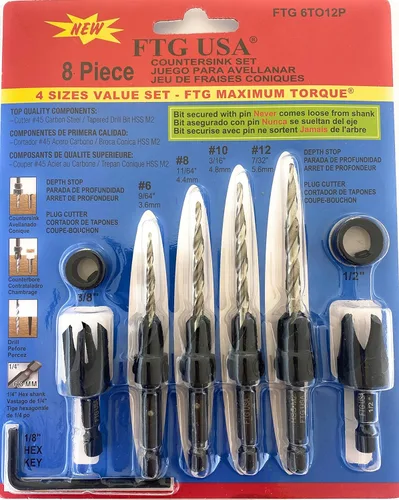 Vista 28 de FTG USA Juego de brocas avellanadoras de madera ajustable, 5 piezas, broca avellanadora #4 #6 #8 #10 #12 con broca cónica para carpintería